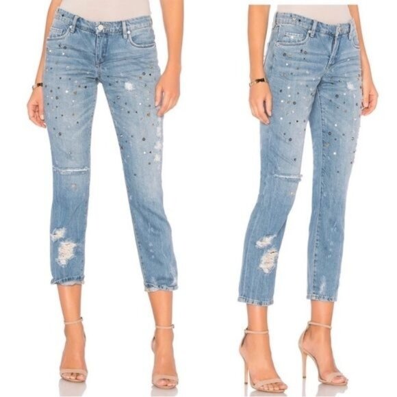 BlankNYC crop girlfriend distressed stud bedazzled capri jeans 25 - Picture 1 of 12